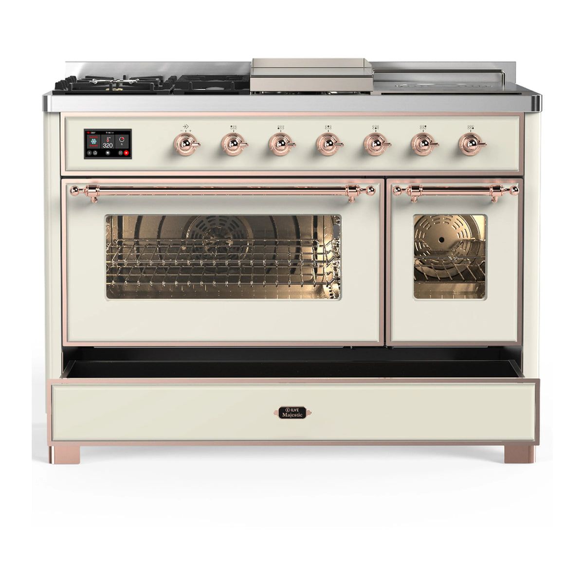 Antique white dual fuel range with copper trim, two oven doors closed and lower storage drawer