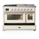 ILVE Majestic III 48-inch Dual Fuel Range with 5 Natural Gas Burner, Griddle, French Top and Triple Glass Door Electric Oven in Antique White with Copper Trim (UM48FSNR3AWP)