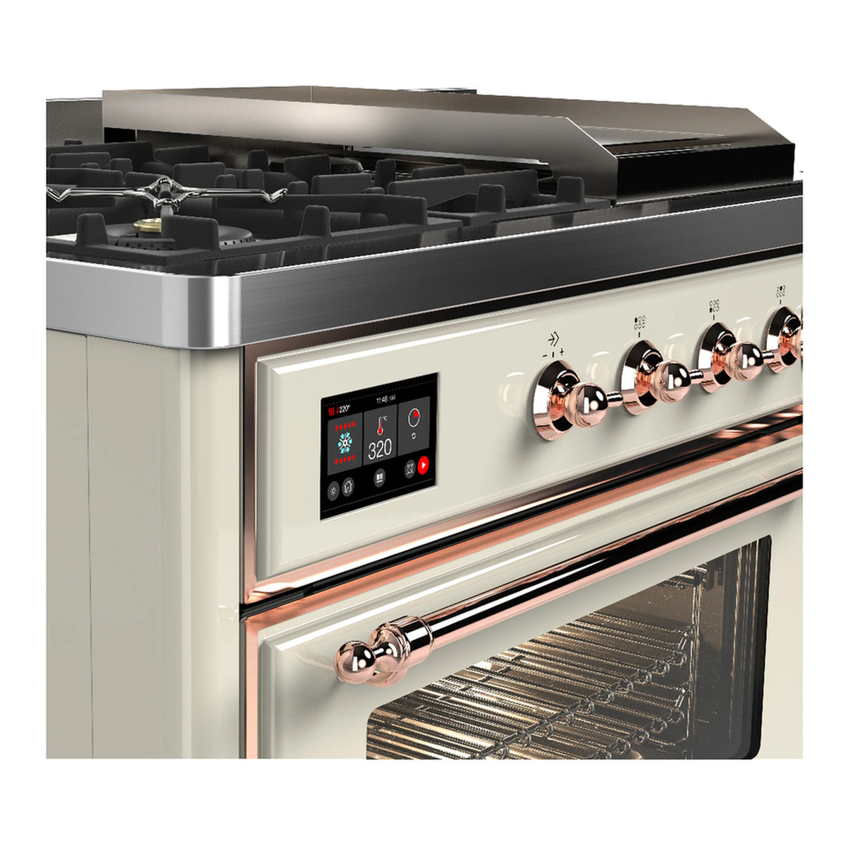 Antique white dual fuel range cooktop with burners, copper control rail, and oven door