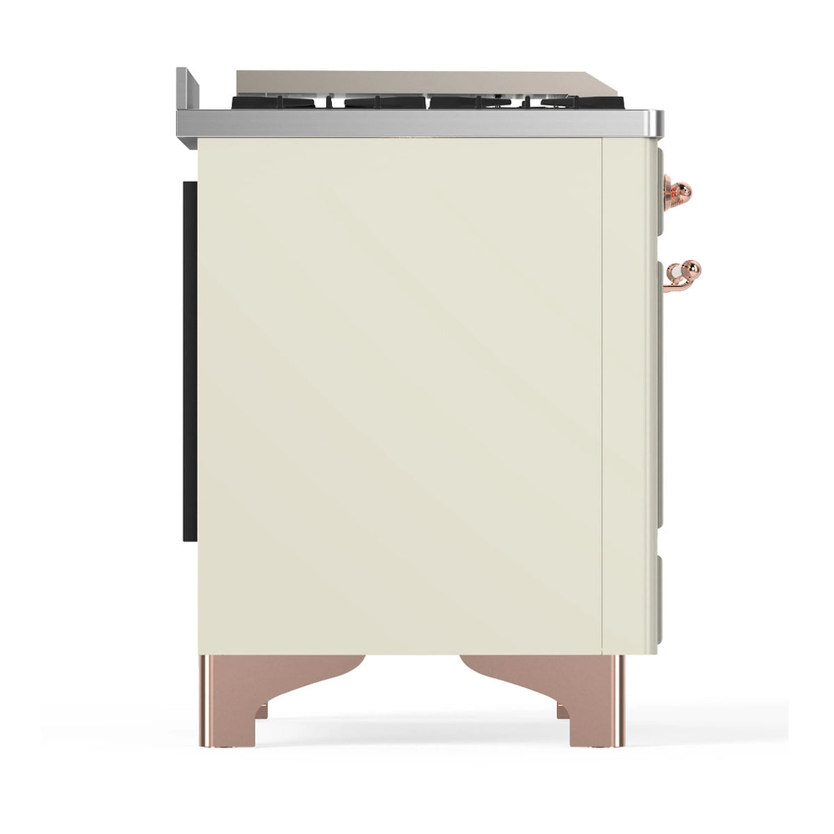 Side view of antique white dual fuel range with copper-trim handles and rear panel opening
