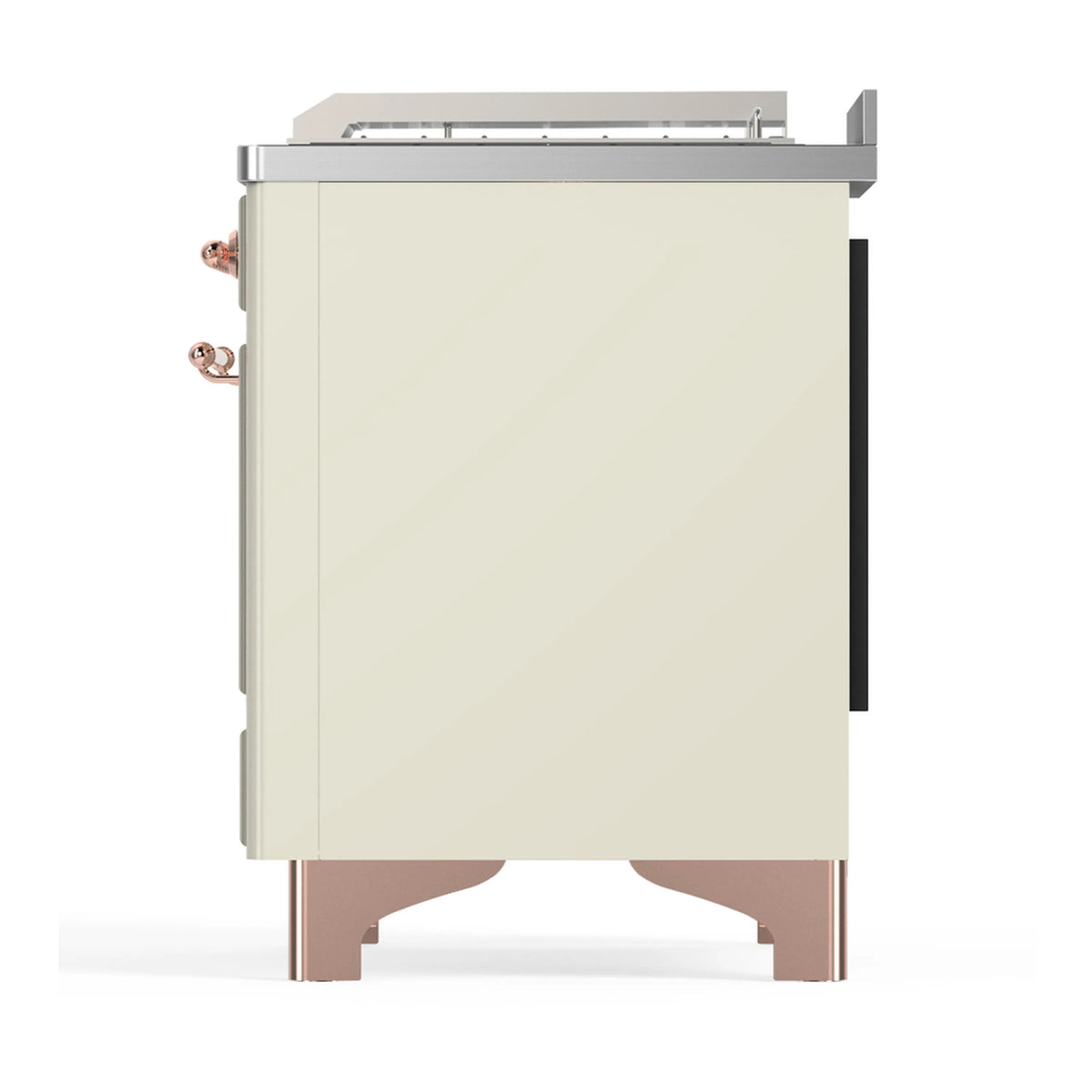 Rear corner view of antique white dual fuel range with copper-trim legs and side panel