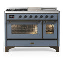 ILVE Majestic III 48-inch Dual Fuel Range with 5 Liquid Propane Burner, Griddle, French Top and Triple Glass Door Electric Oven in Blue Grey with Burnished Trim (UM48FSNR3BGBLP)