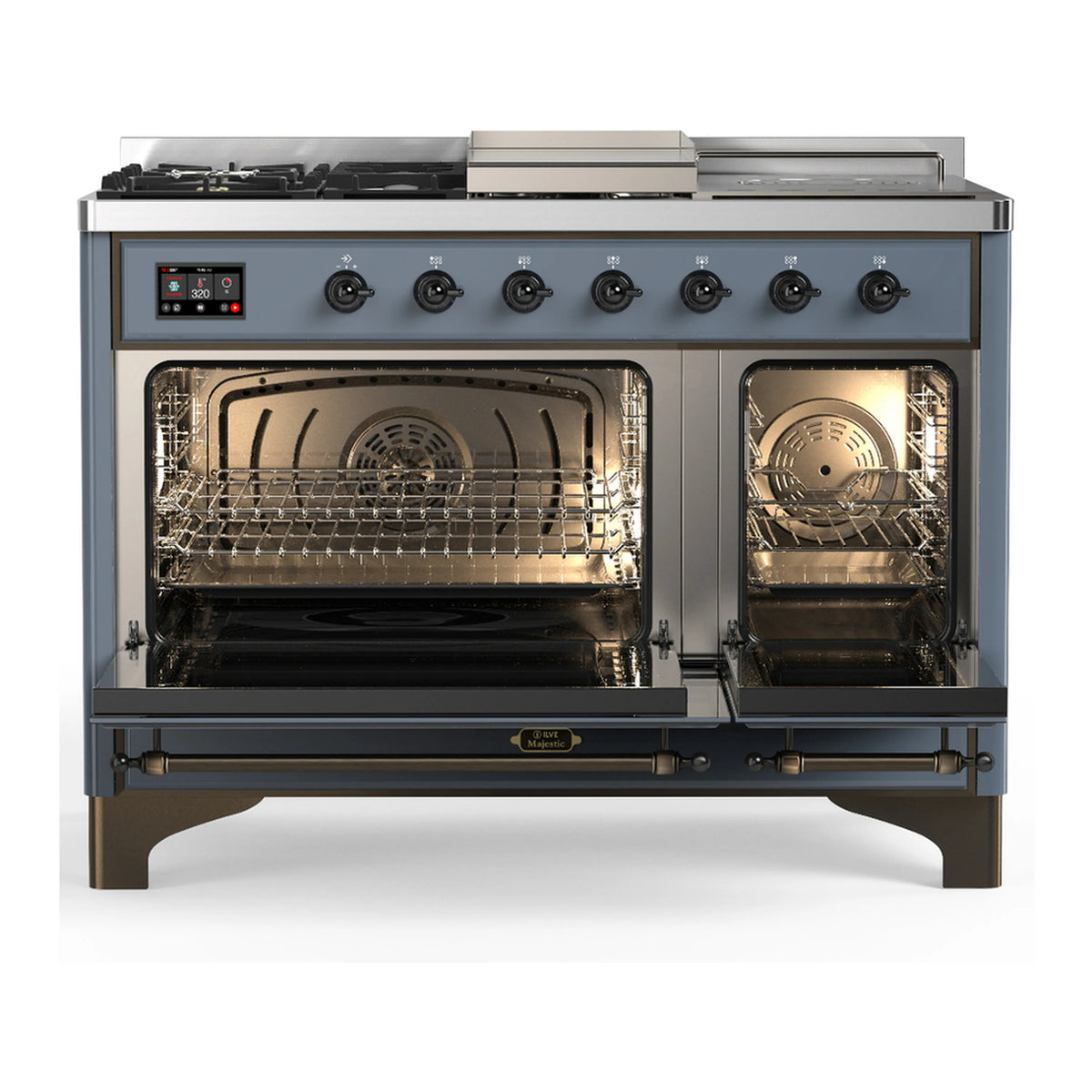 Blue-grey dual fuel range with both ovens open showing racks and interior lights