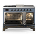 ILVE Majestic III 48-inch Dual Fuel Range with 5 Liquid Propane Burner, Griddle, French Top and Triple Glass Door Electric Oven in Blue Grey with Burnished Trim (UM48FSNR3BGBLP)