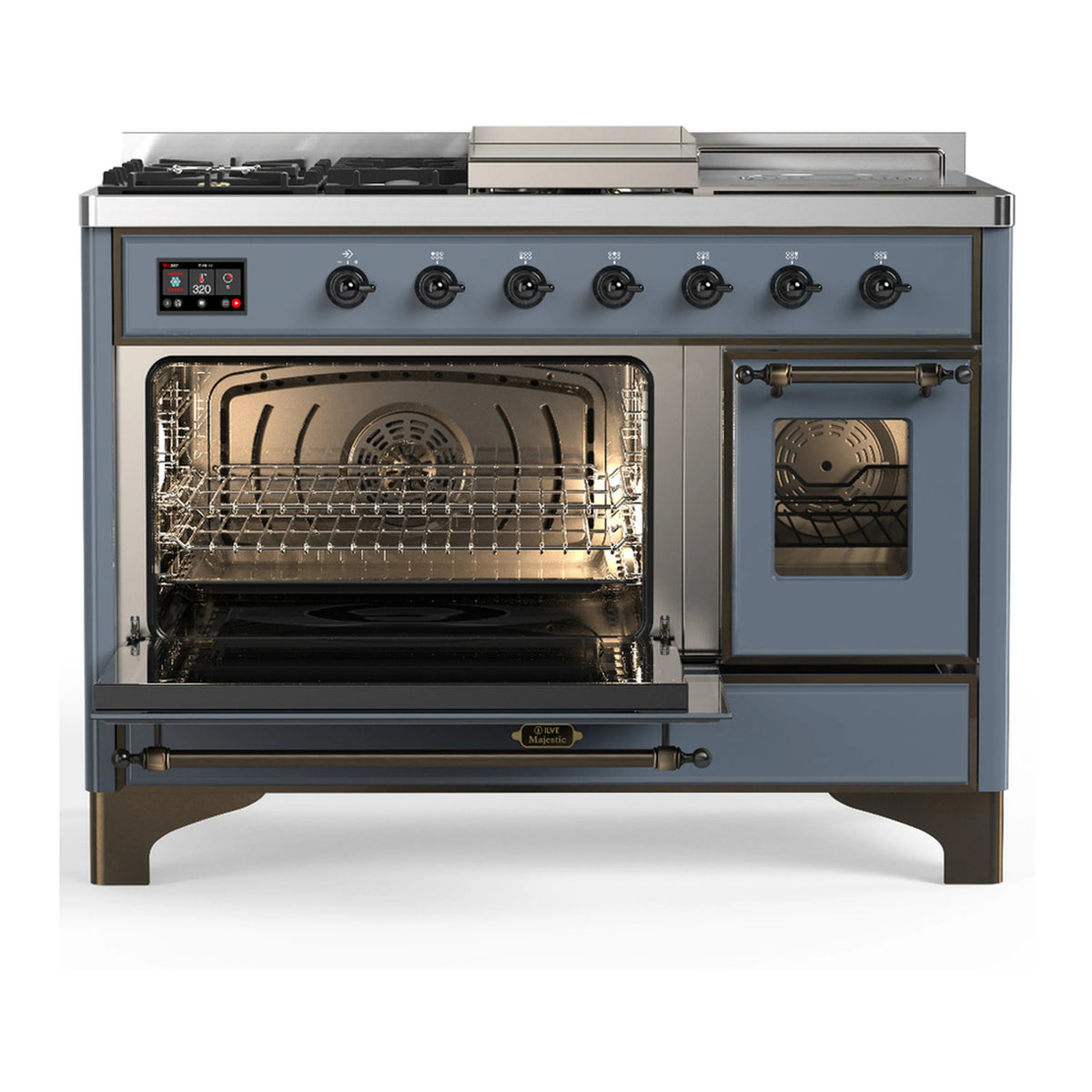 Blue-grey dual fuel range with main oven and side oven doors open, racks visible