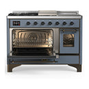 ILVE Majestic III 48-inch Dual Fuel Range with 5 Liquid Propane Burner, Griddle, French Top and Triple Glass Door Electric Oven in Blue Grey with Burnished Trim (UM48FSNR3BGBLP)