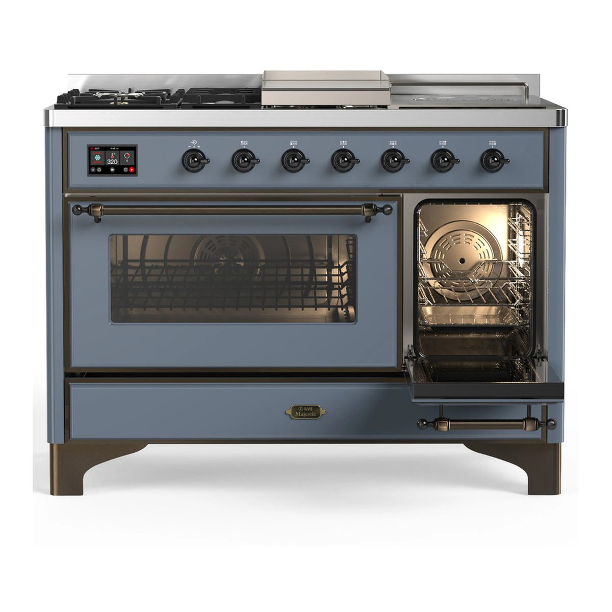 Blue-grey dual fuel range with front control panel, two oven doors, and burner knobs