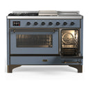 ILVE Majestic III 48-inch Dual Fuel Range with 5 Liquid Propane Burner, Griddle, French Top and Triple Glass Door Electric Oven in Blue Grey with Burnished Trim (UM48FSNR3BGBLP)