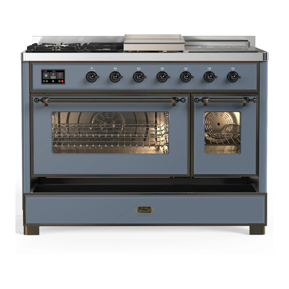 Blue-grey dual fuel range with open oven doors, racks, and front burner control knobs