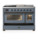ILVE Majestic III 48-inch Dual Fuel Range with 5 Liquid Propane Burner, Griddle, French Top and Triple Glass Door Electric Oven in Blue Grey with Burnished Trim (UM48FSNR3BGBLP)