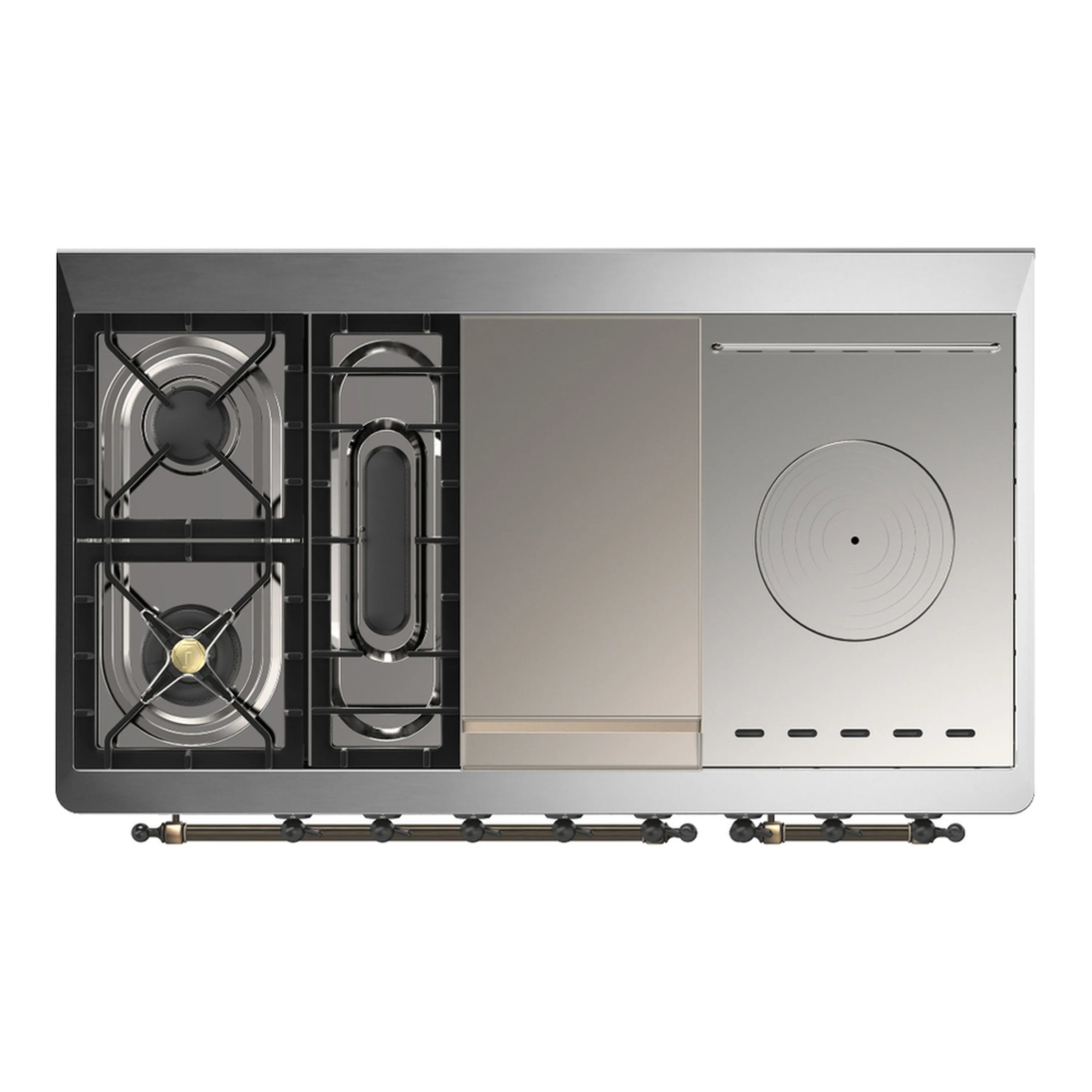 Dual fuel range back view with exposed burner and oven compartments