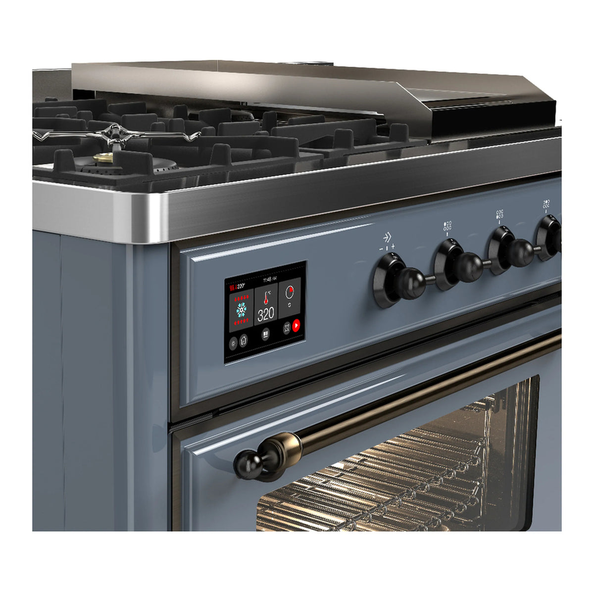Blue-grey dual fuel range front control panel with digital display and burner knobs