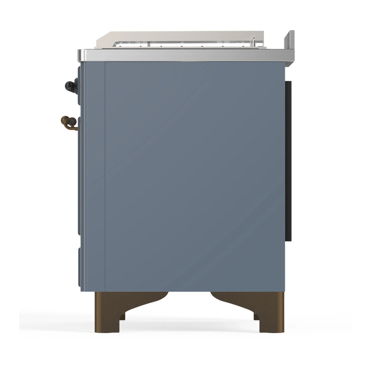 Blue-grey dual fuel range rear side panel with handle knobs and stainless trim