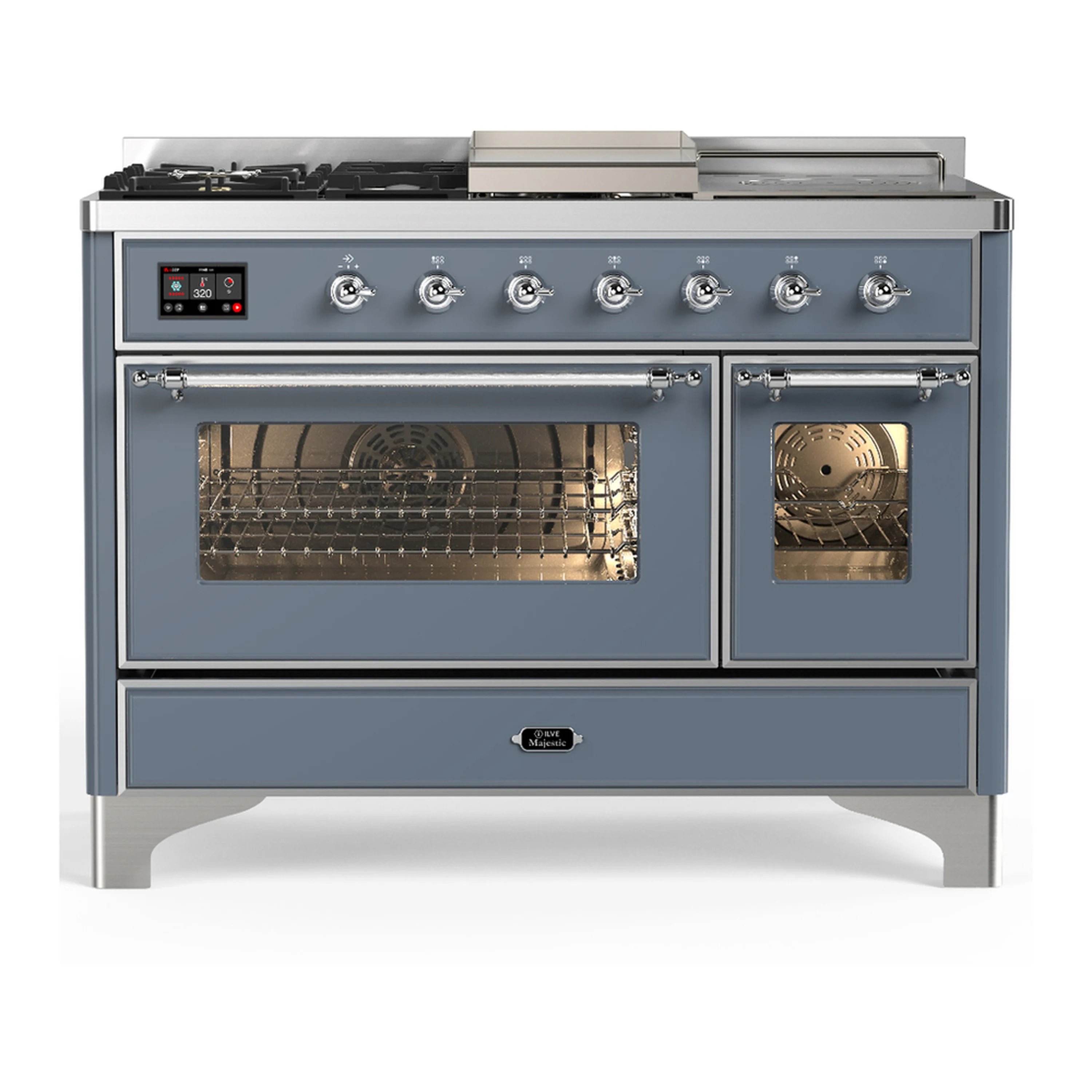 Blue grey dual fuel range with chrome trim, control knobs, and dual oven doors