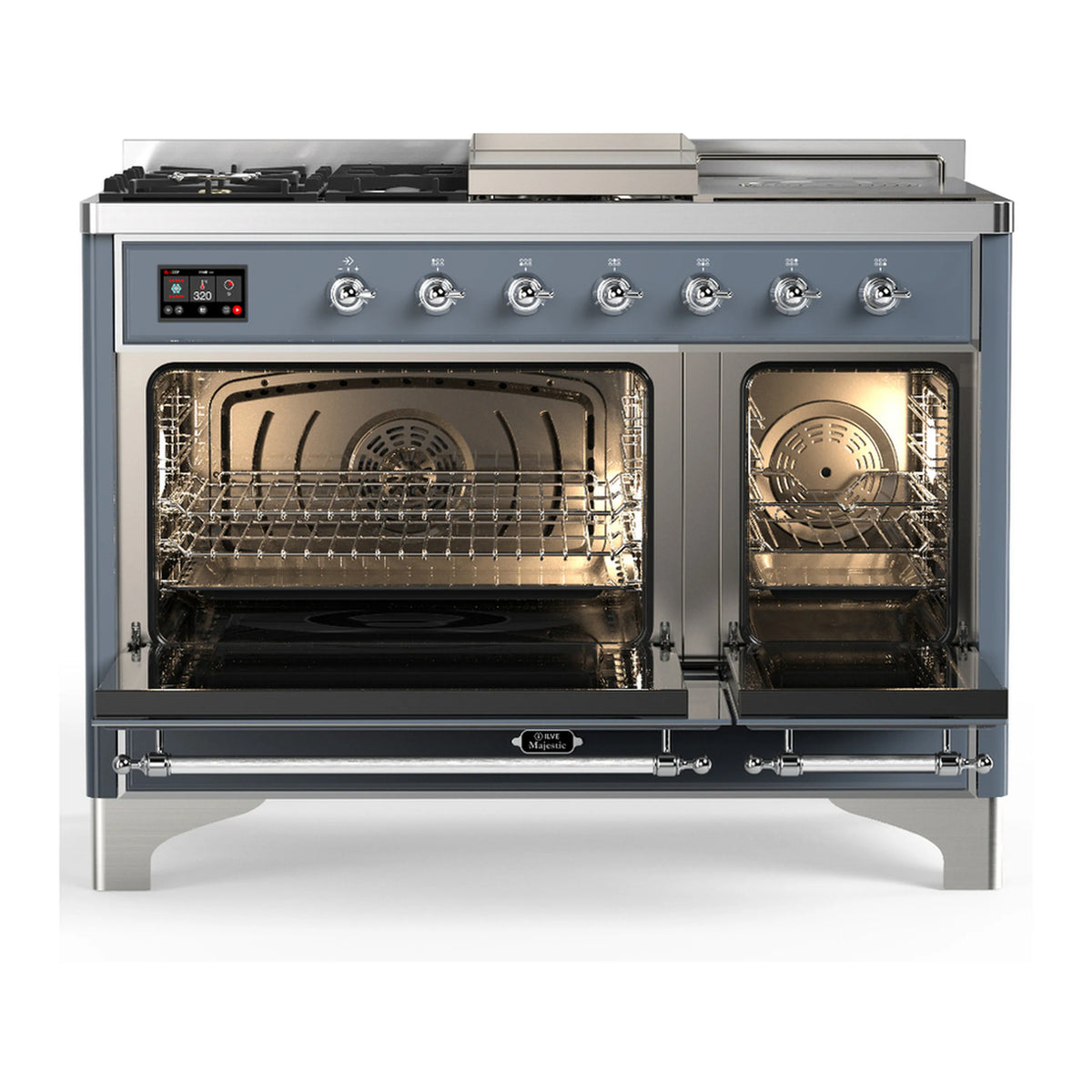 Blue grey dual fuel range with chrome trim, open oven doors showing racks and burners