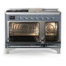 ILVE Majestic III 48-inch Dual Fuel Range with 5 Natural Gas Burner, Griddle, French Top and Triple Glass Door Electric Oven in Blue Grey with Chrome Trim (UM48FSNR3BGC)
