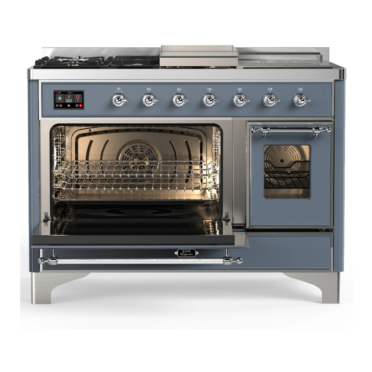 Blue grey dual fuel range with chrome trim, open oven door and warming interior