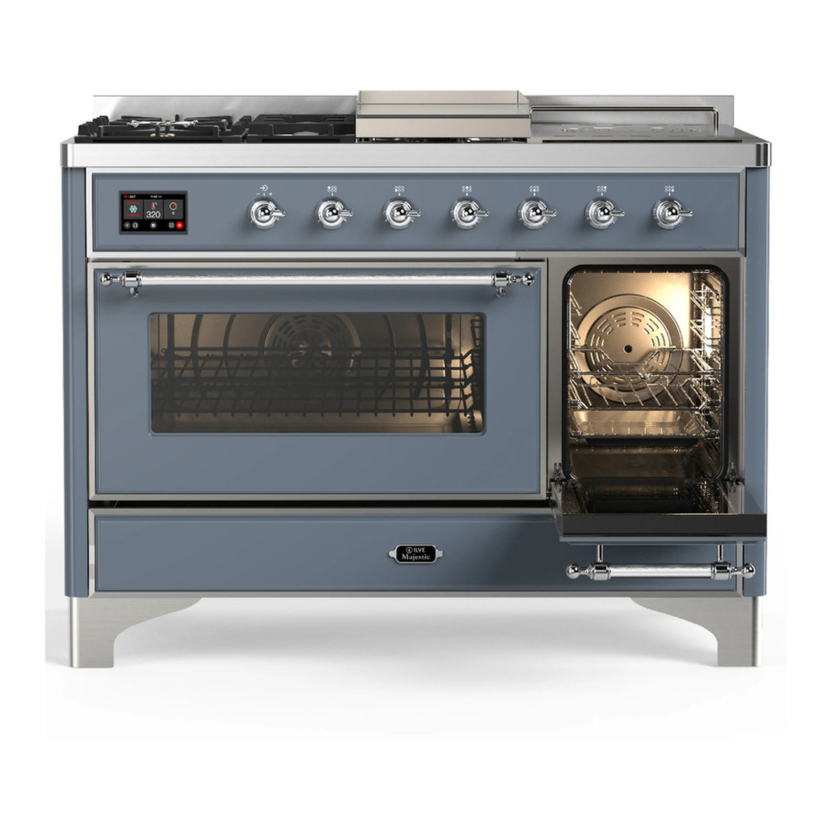 Blue grey dual fuel range with chrome trim, oven door with window and control panel