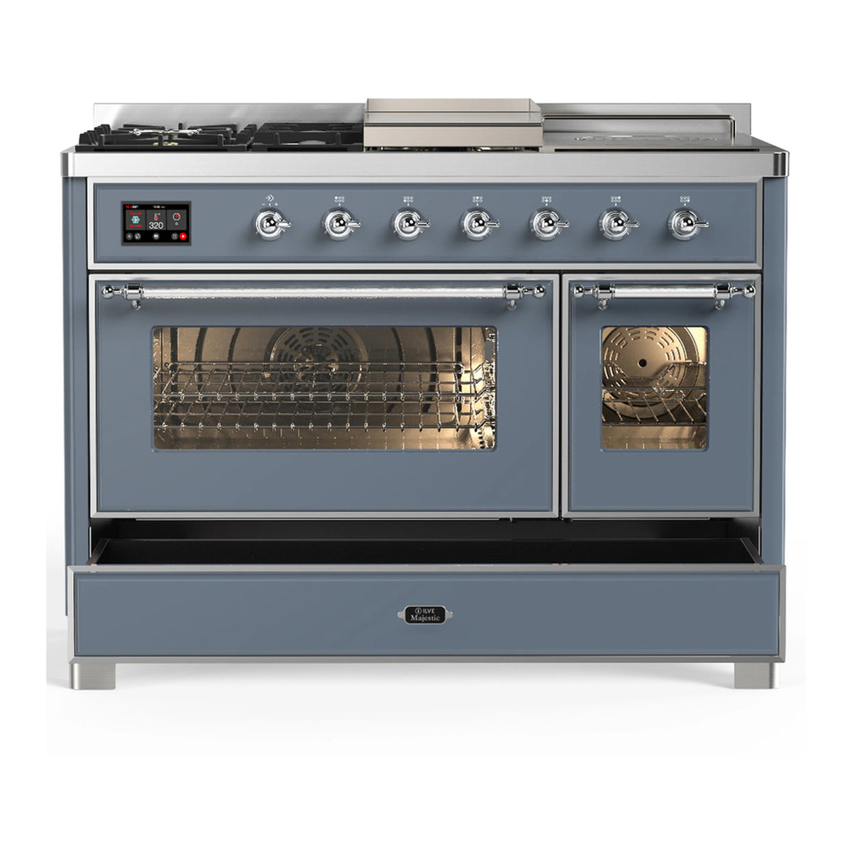 Blue grey dual fuel range with chrome trim, oven windows and control knobs, griddle top