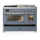 ILVE Majestic III 48-inch Dual Fuel Range with 5 Natural Gas Burner, Griddle, French Top and Triple Glass Door Electric Oven in Blue Grey with Chrome Trim (UM48FSNR3BGC)