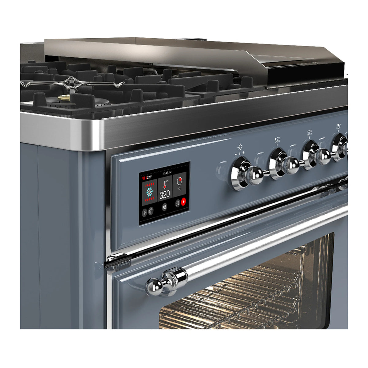 Blue grey dual fuel range side view with chrome knobs, display controls, and open oven