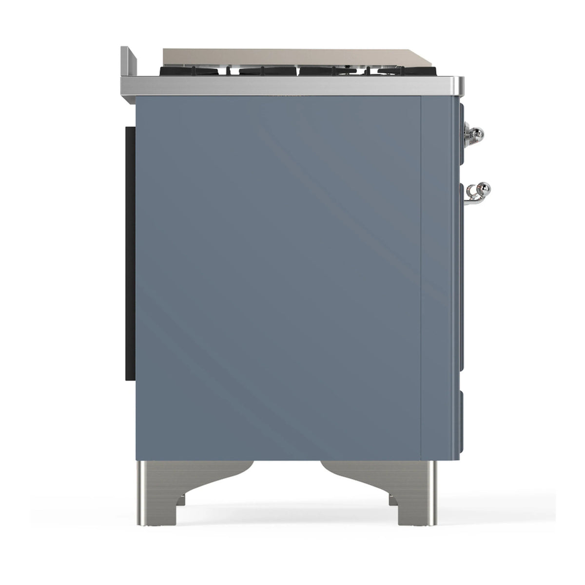 Blue grey dual fuel range side panel with chrome trim and rear connection area