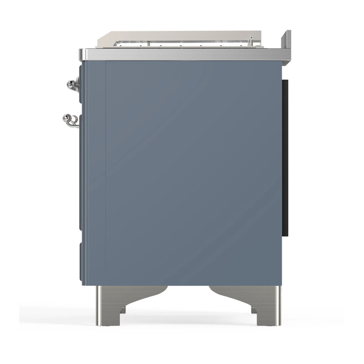 Blue grey dual fuel range other side panel with chrome trim and rear fittings