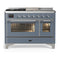 ILVE Majestic III 48-inch Dual Fuel Range with 5 Liquid Propane Burner, Griddle, French Top and Triple Glass Door Electric Oven in Blue Grey with Chrome Trim (UM48FSNR3BGCLP)