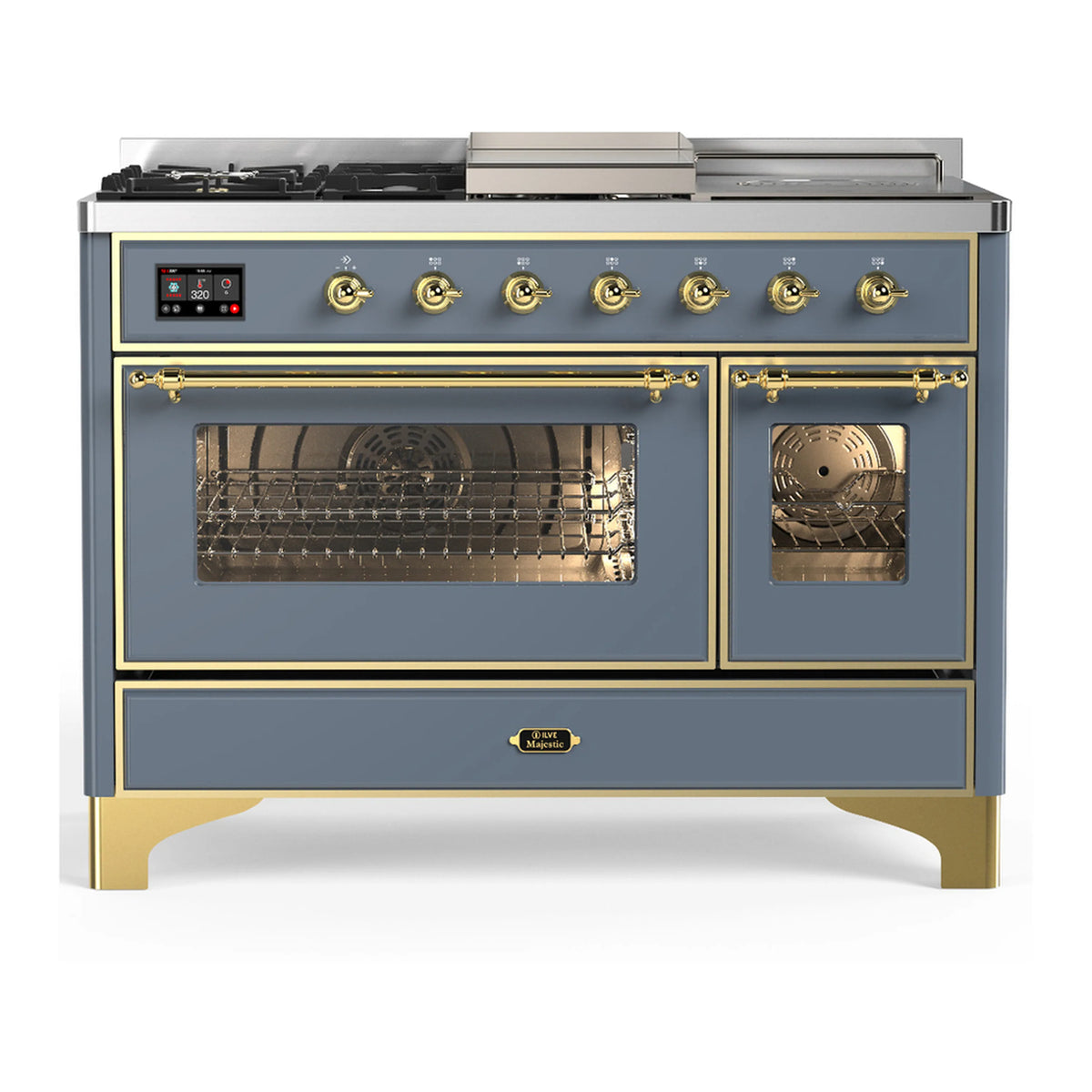 Blue grey dual fuel range with brass control knobs and two oven doors with glass windows.