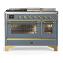 ILVE Majestic III 48-inch Dual Fuel Range with 5 Natural Gas Burner, Griddle, French Top and Triple Glass Door Electric Oven in Blue Grey with Brass Trim (UM48FSNR3BGG)
