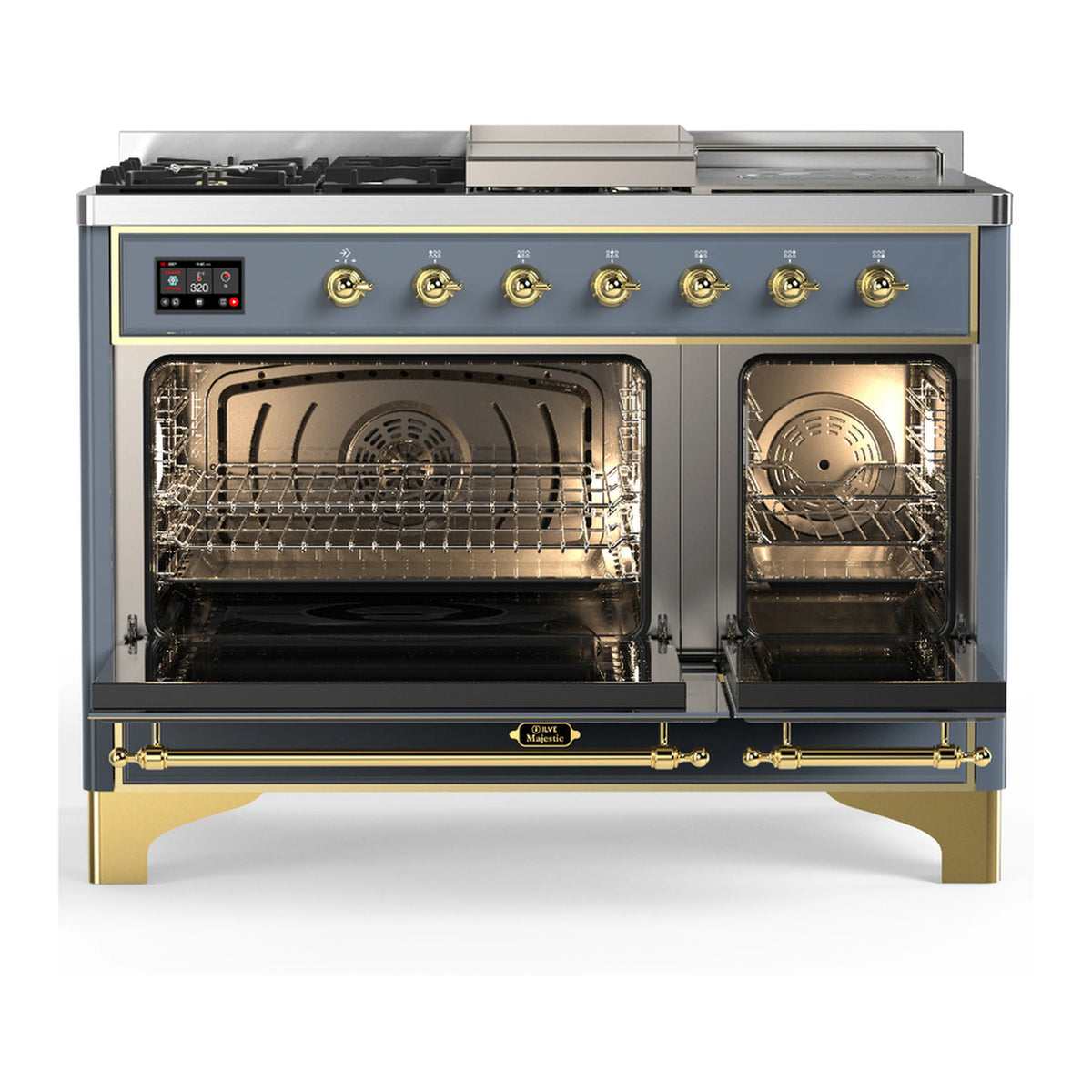 Blue grey dual fuel range with brass trim, open ovens showing two baking cavities and racks.