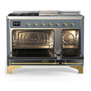 ILVE Majestic III 48-inch Dual Fuel Range with 5 Natural Gas Burner, Griddle, French Top and Triple Glass Door Electric Oven in Blue Grey with Brass Trim (UM48FSNR3BGG)