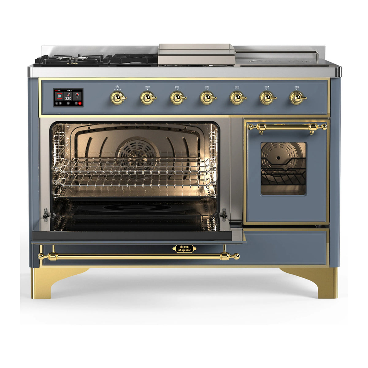 Blue grey dual fuel range with brass handle, left oven door open and right oven door closed.