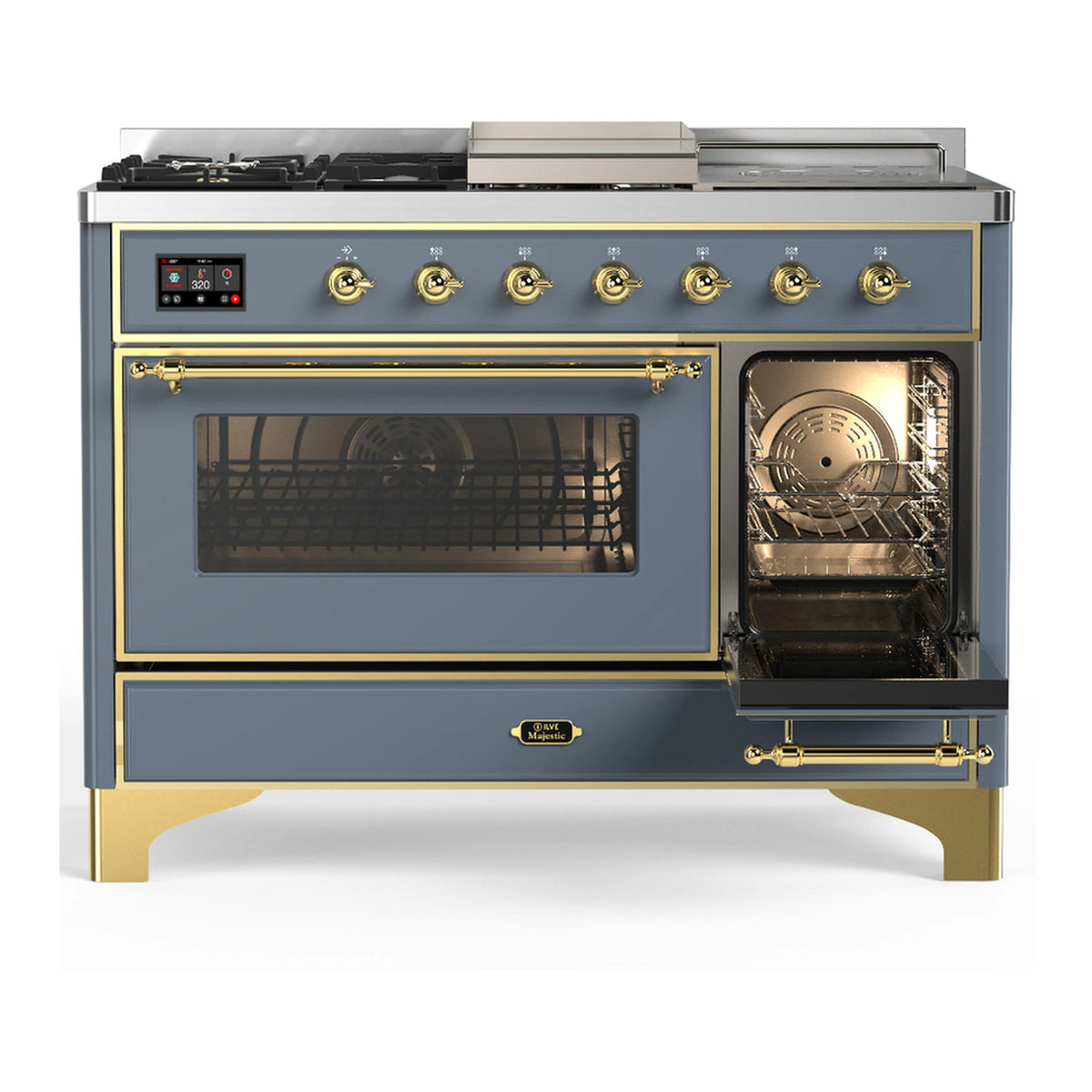 Blue grey dual fuel range with brass trim, one oven door open and oven interior view