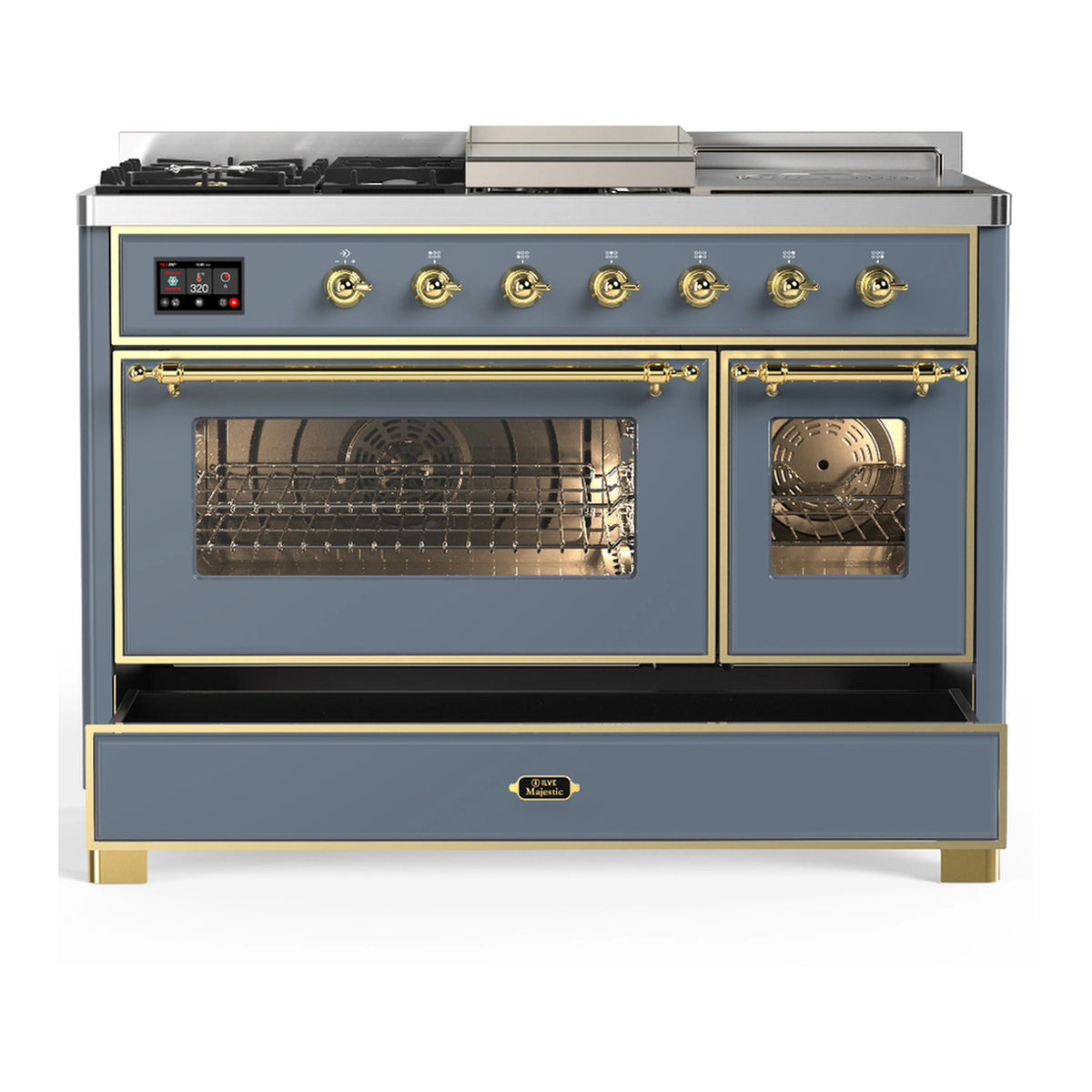 Blue grey dual fuel range with brass trim, two oven doors and a lower storage drawer.