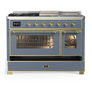 ILVE Majestic III 48-inch Dual Fuel Range with 5 Liquid Propane Burner, Griddle, French Top and Triple Glass Door Electric Oven in Blue Grey with Brass Trim (UM48FSNR3BGGLP)