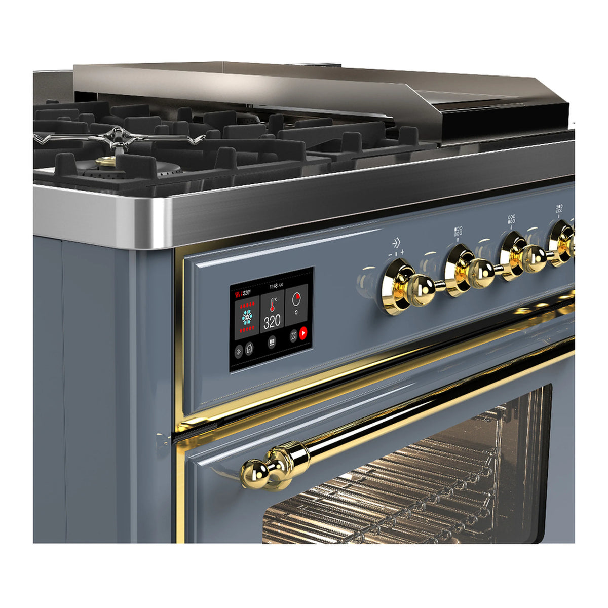 Blue grey dual fuel range close-up of brass knobs, digital display, and oven rack inside.