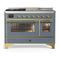 ILVE Majestic III 48-inch Dual Fuel Range with 5 Natural Gas Burner, Griddle, French Top and Triple Glass Door Electric Oven in Blue Grey with Brass Trim (UM48FSNR3BGG)