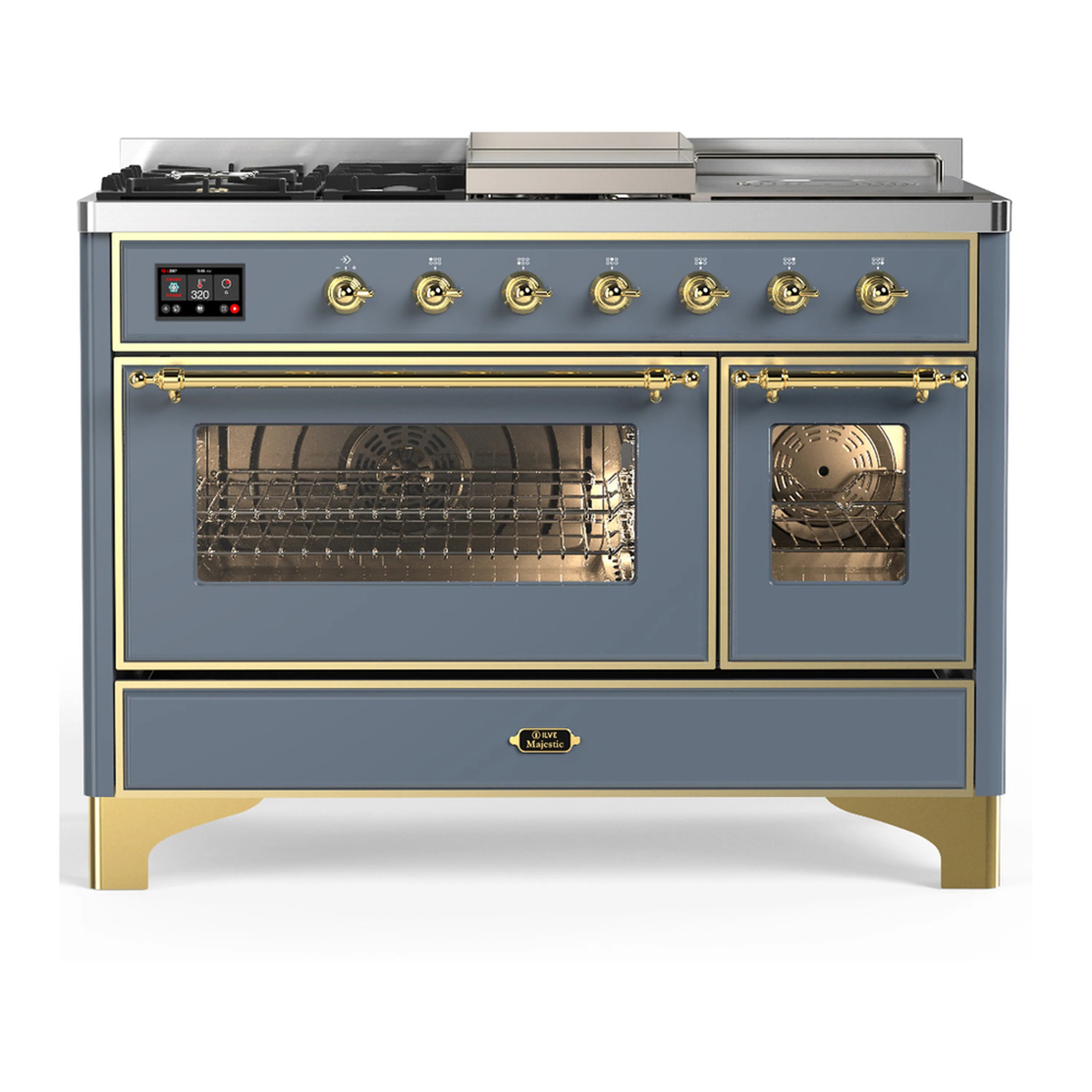 Blue grey dual fuel range with brass trim, control panel, and dual oven doors