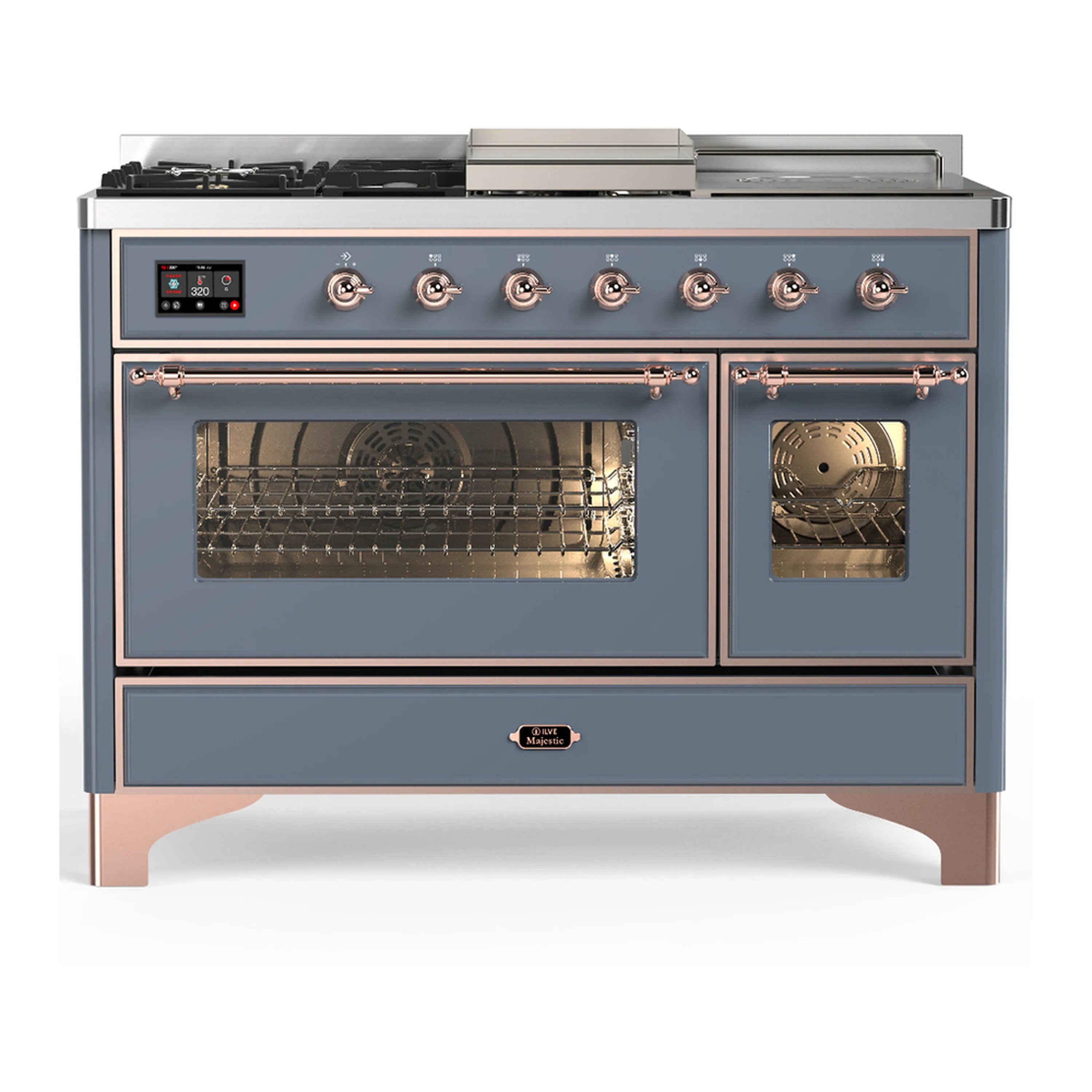 Blue grey dual fuel range with copper trim, five gas burners, and oven doors
