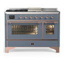 ILVE Majestic III 48-inch Dual Fuel Range with 5 Natural Gas Burner, Griddle, French Top and Triple Glass Door Electric Oven in Blue Grey with Copper Trim (UM48FSNR3BGP)