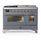 ILVE Majestic III 48-inch Dual Fuel Range with 5 Natural Gas Burner, Griddle, French Top and Triple Glass Door Electric Oven in Blue Grey with Copper Trim (UM48FSNR3BGP)