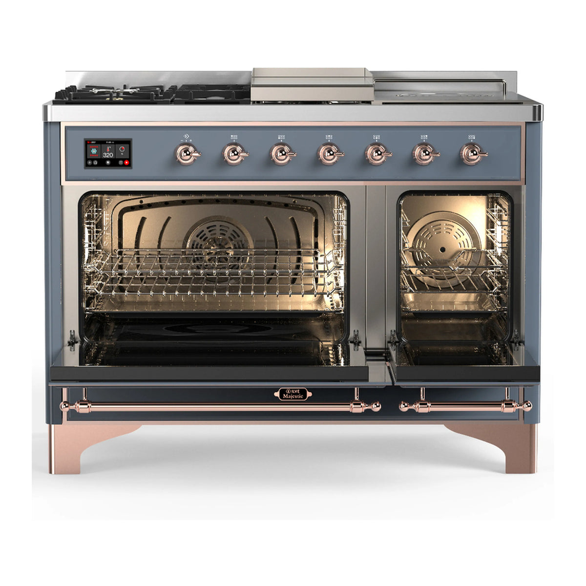 Blue grey dual fuel range with copper trim, oven doors open showing racks and fan