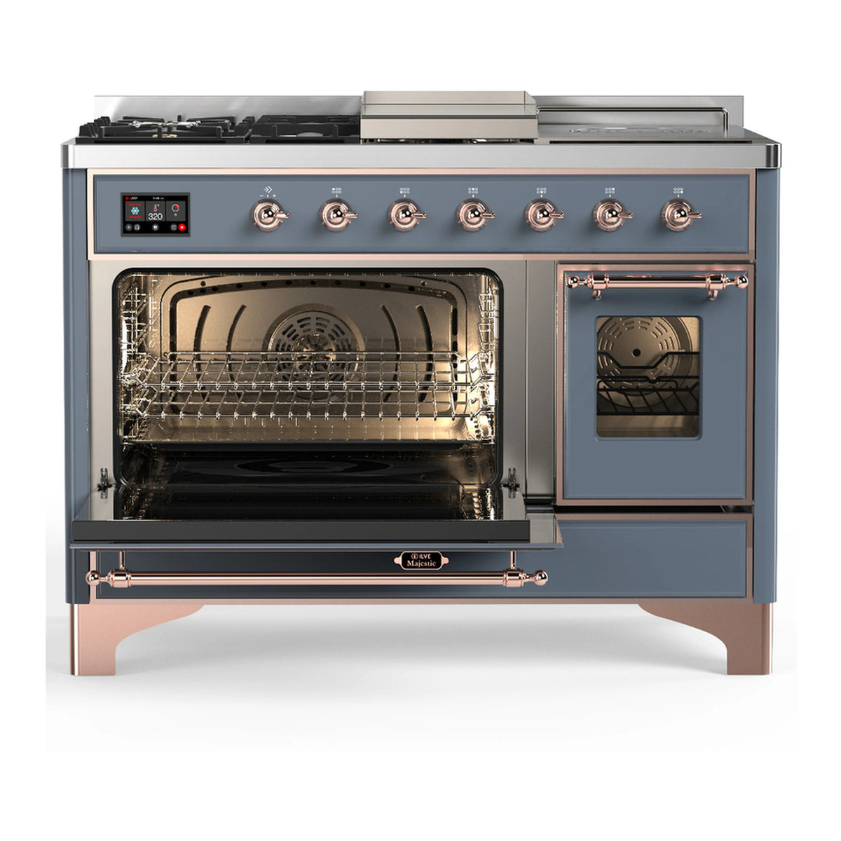 Blue grey dual fuel range with copper trim, open oven and side door window