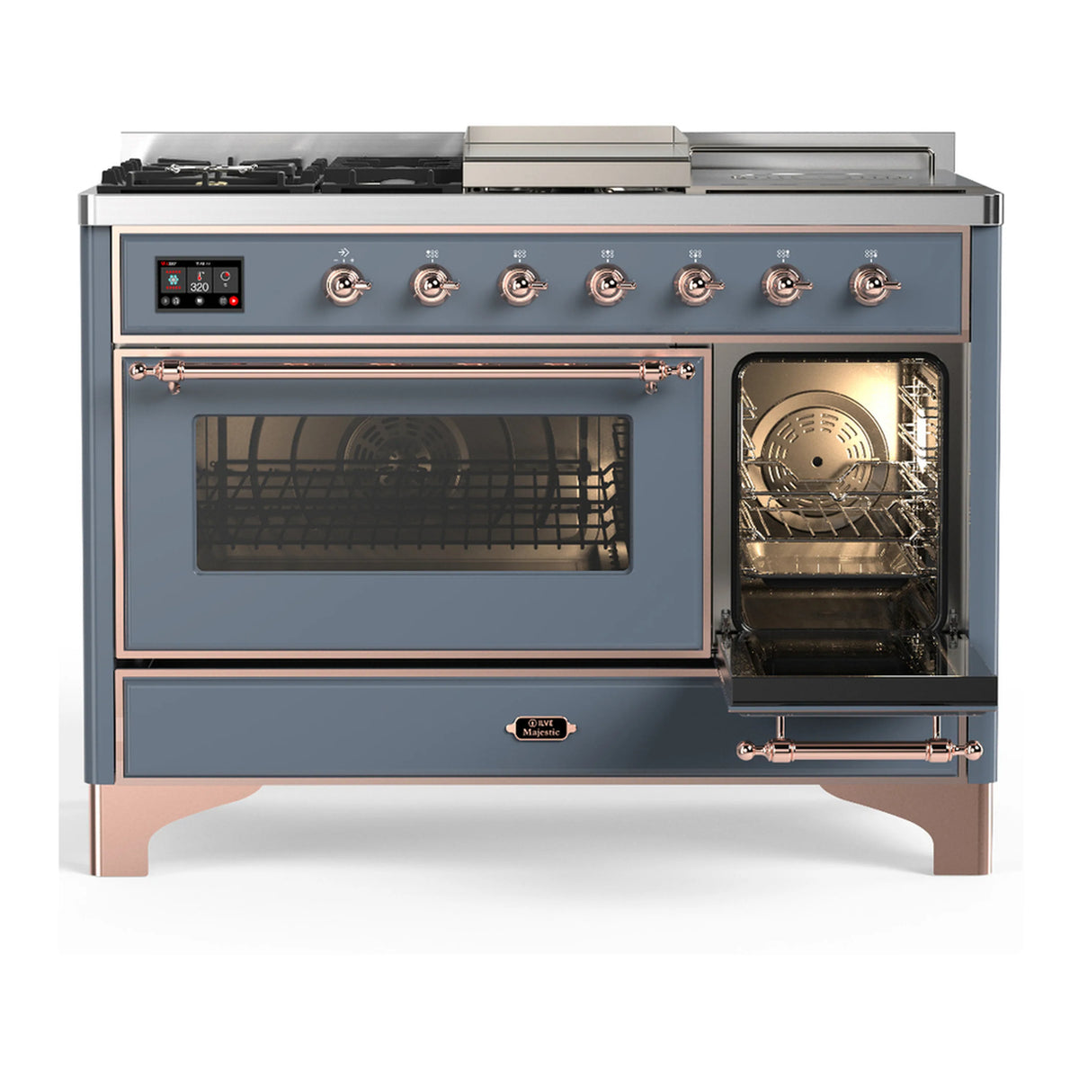 Blue grey dual fuel range with copper trim, glass oven doors and front control panel