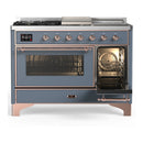 ILVE Majestic III 48-inch Dual Fuel Range with 5 Natural Gas Burner, Griddle, French Top and Triple Glass Door Electric Oven in Blue Grey with Copper Trim (UM48FSNR3BGP)