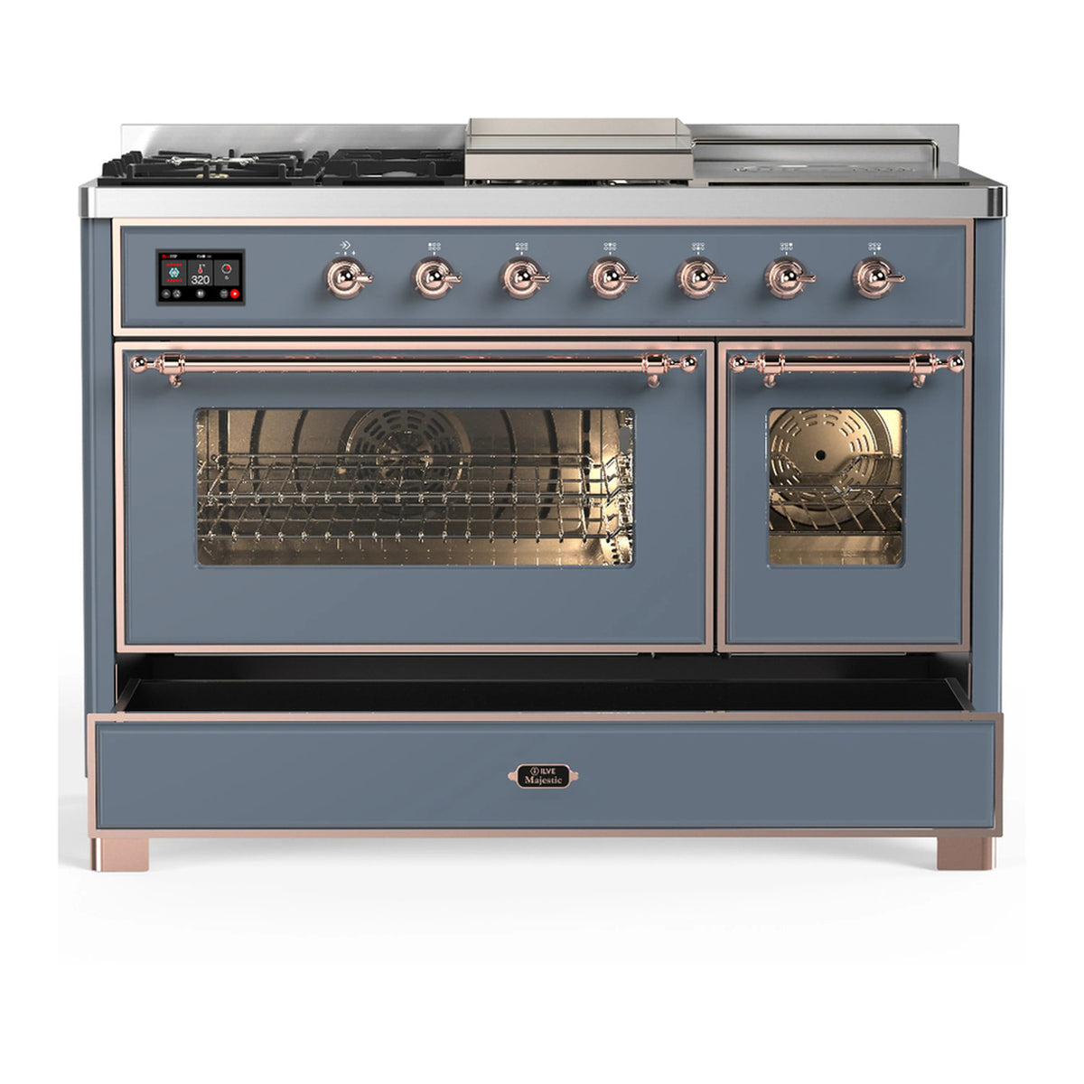 Blue grey dual fuel range with copper trim, open oven cavity and lower drawer