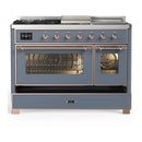 ILVE Majestic III 48-inch Dual Fuel Range with 5 Natural Gas Burner, Griddle, French Top and Triple Glass Door Electric Oven in Blue Grey with Copper Trim (UM48FSNR3BGP)