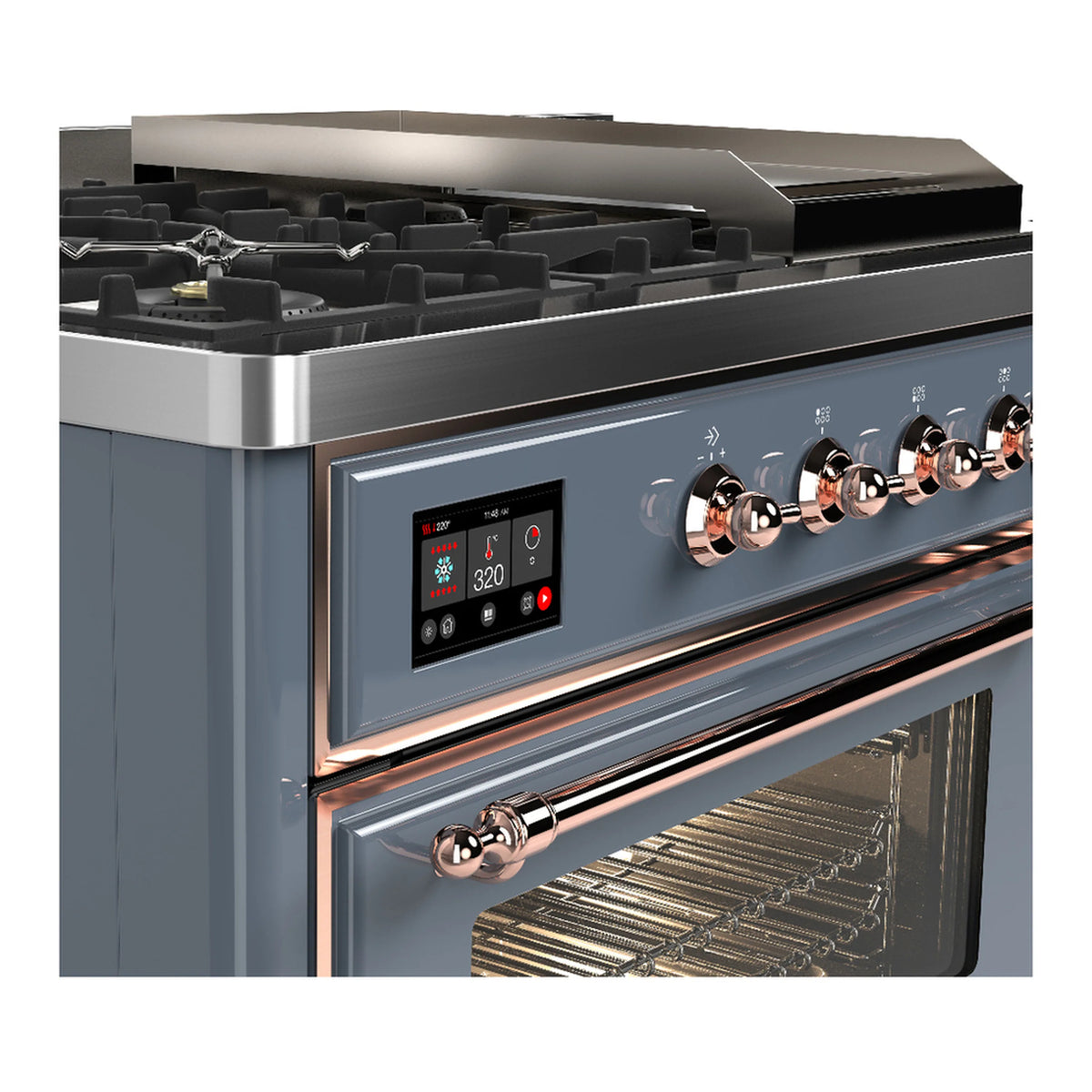 Blue grey dual fuel range close-up of copper control knobs and oven handle