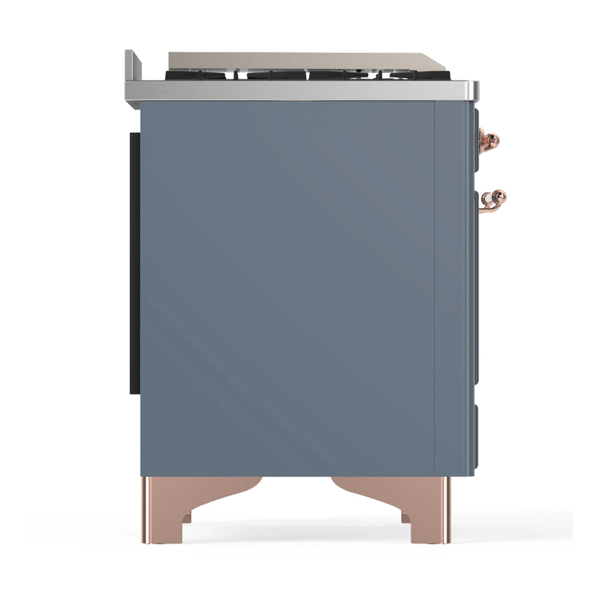 Blue grey dual fuel range side panel view with copper trim and front legs